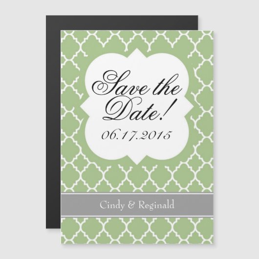 Sage Green White Quatrefoil bewaart de datum Magne Magnetische Uitnodiging