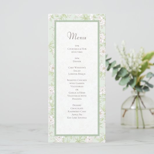 Sage Green White Rose Wedding Menus (Debout devant)