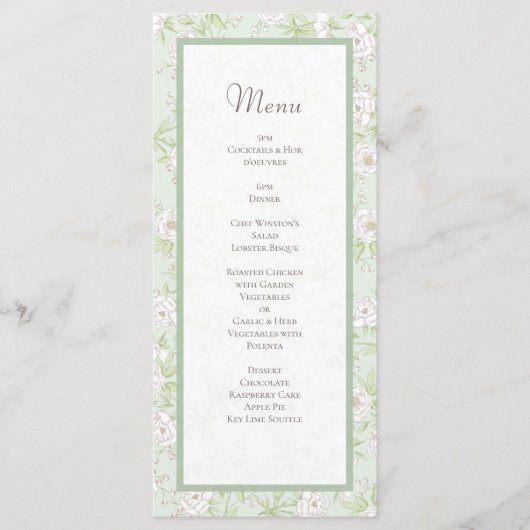 Sage Green White Rose Wedding Menus (Devant)