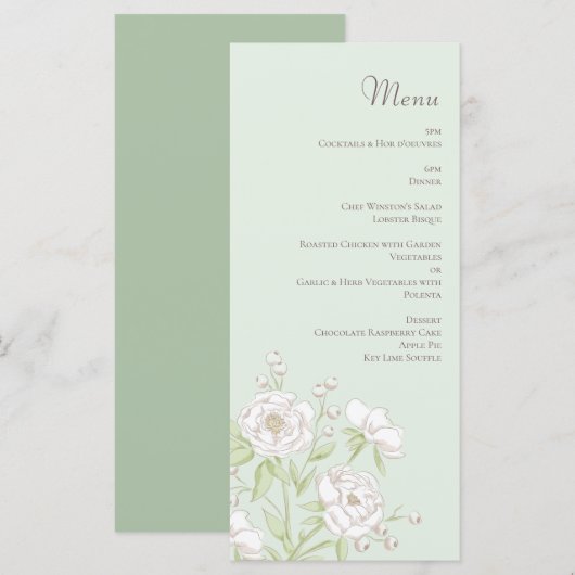 Sage Green White Rose Wedding Menus (Devant / Derrière)
