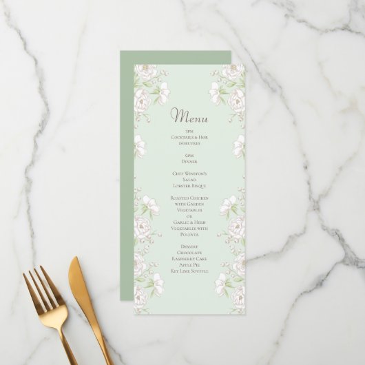 Sage Green White Rose Wedding Menus (Devant/Arrière en situation)