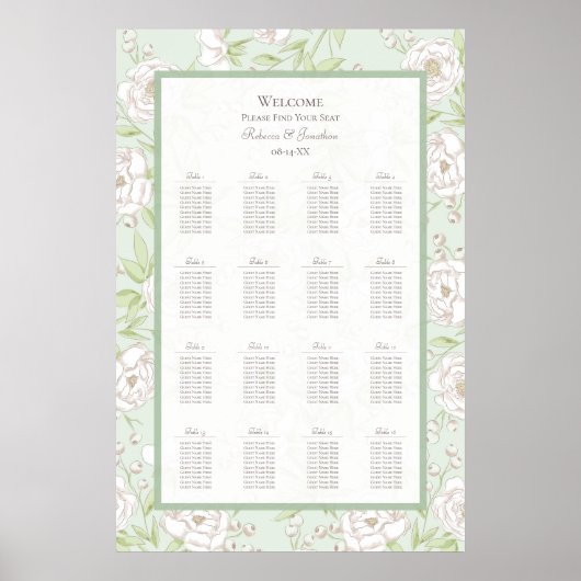 Sage Green White Rose Wedding Seating Chart Poster (Voorkant)