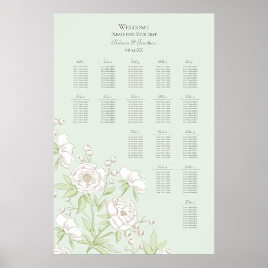 Sage Green White Rose Wedding Seating Chart Poster (Voorkant)