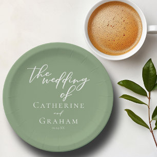 Sage Green White Script Gepersonaliseerde bruiloft Papieren Bordje