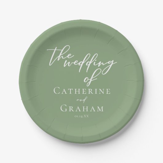 Sage Green White Script Gepersonaliseerde bruiloft Papieren Bordje (Voorkant)