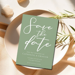 Sage Green White Script Minimalist Bewaar de datum Save The Date