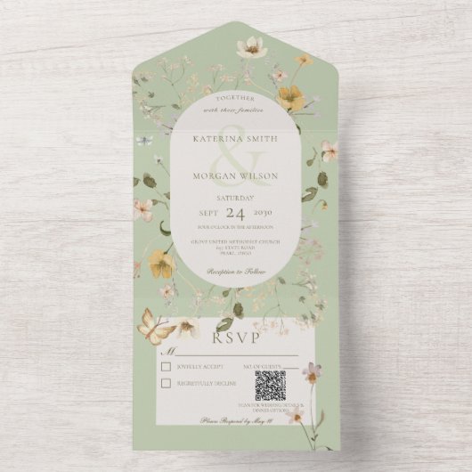 Sage Green Wilde Lijst QR Code All In One Uitnodiging (Binnen)
