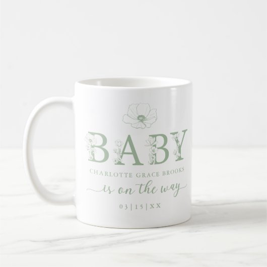 Sage Green Wildflower Baby Announcement Coffee Mug (Gauche)