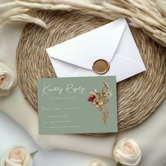 Sage Green Wildflower Boho Wedding RSVP Kaart