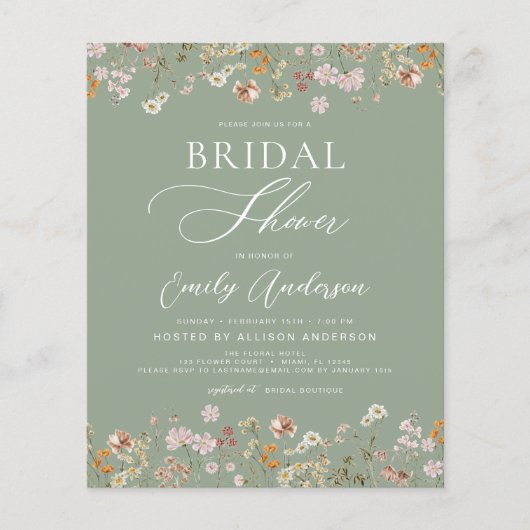 Sage Green Wildflower Bruidsdouche Uitnodiging Flyer (Voorkant)