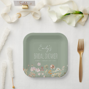 Sage Green Wildflower Brunch met Bruid Papieren Bordje
