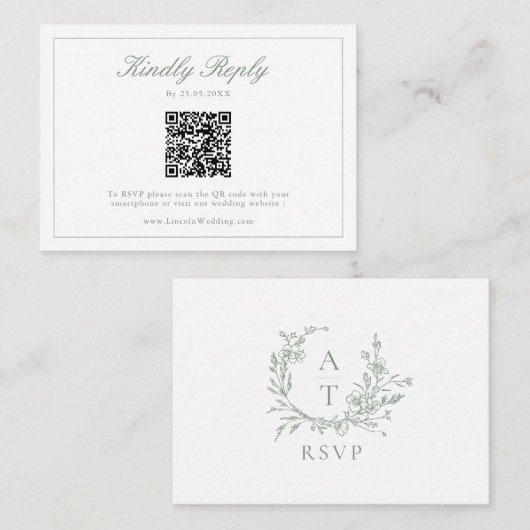Sage Green Wildflower Crest Bruiloft QR Code RSVP Informatiekaartje (Voorkant / Achterkant)
