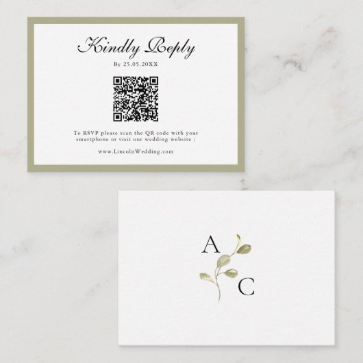 Sage Green Wildflower Crest Bruiloft QR Code RSVP Informatiekaartje (Voorkant / Achterkant)