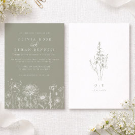 Sage Green Wildflower Line Art Wedding  Kaart
