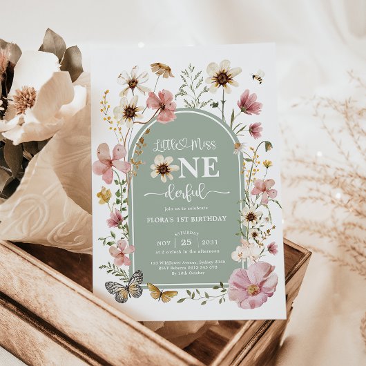 Sage Green Wildflower Miss Onederful 1e Verjaardag Kaart