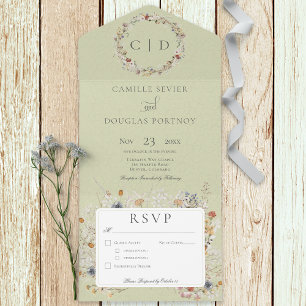 Sage Green Wildflower Romantic Dinner All In One Uitnodiging