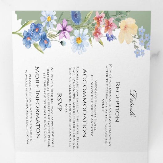 Sage Green Wildflower Trifold Bruiloft Uitnodiging (Binnenzijde eerst)