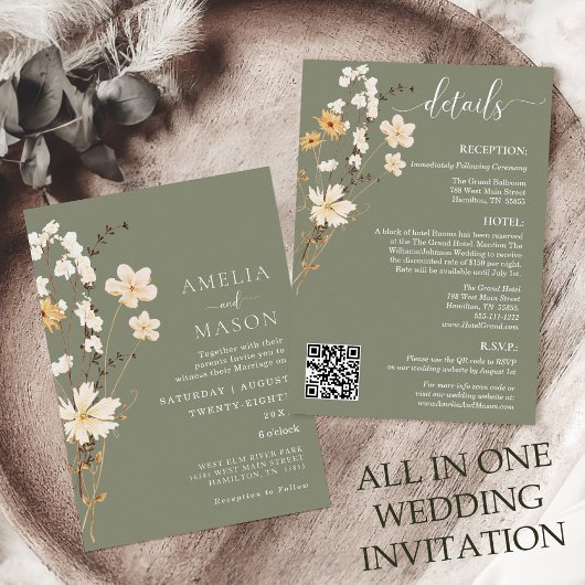 Sage Green Wildflower Wedding Invitation Kaart