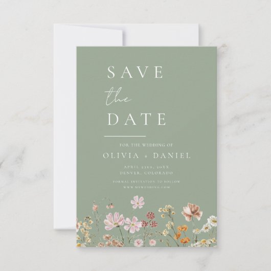 Sage Green Wildflowers Boho Bewaar de datum Save The Date (Voorkant)