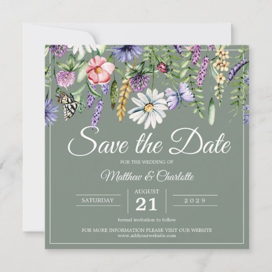 Sage Green Wildflowers Boho Save The Date (Voorkant)