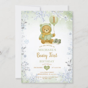 Sage Green Winter Sneeuwvlok Beary Eerste Verjaard Kaart