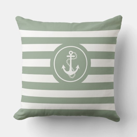 Sage-Green & Witte Strepen Nautisch Anker Kussen (Voorkant)