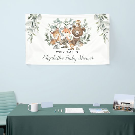 Sage Green Woodland Forest Animals Baby Welkom Spandoek (Beurs)
