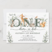 Sage Green Woodland One-deerful 1st Birthday Boy Kaart (Voorkant)