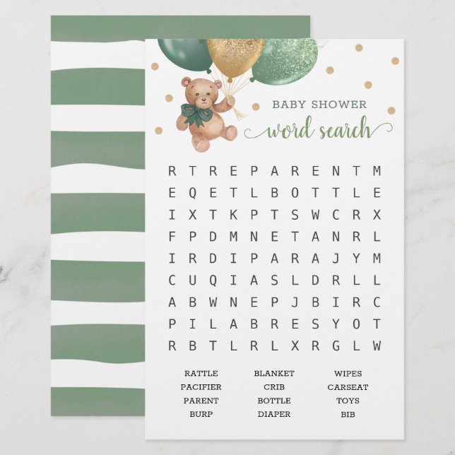 Sage Green Word Search Scramble Game Teddy Bear (Voorkant / Achterkant)