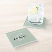 Sage Green Zwart-wit Script Monogram Glazen Onderzetter (Schuin)