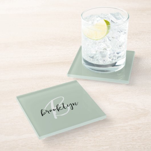 Sage Green Zwart-wit Script Monogram Glazen Onderzetter (Schuin)