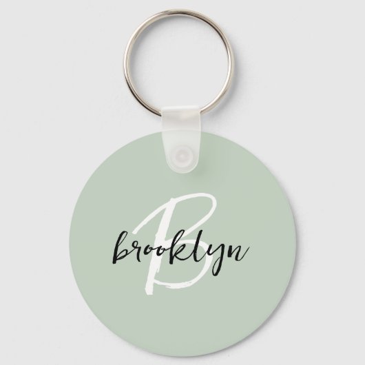 Sage Green Zwart-wit Script Monogram Sleutelhanger (Voorkant)