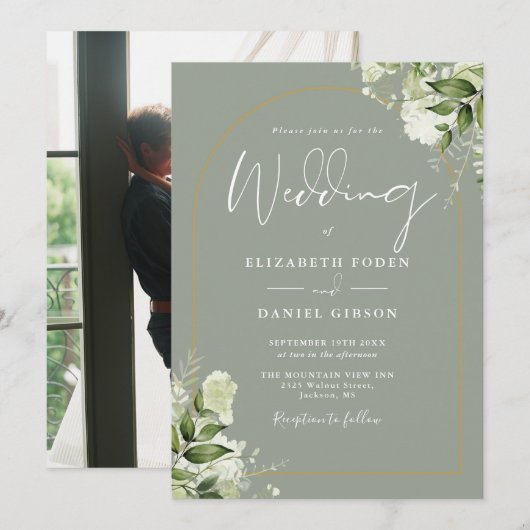 Sage Greenery Bloemen Gouden Boog Foto Huwelijk Kaart (Voorkant / Achterkant)