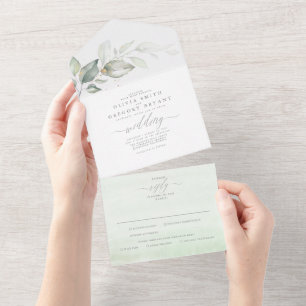 Sage Greenery en Gold Leaves Elegant Wedding All In One Uitnodiging