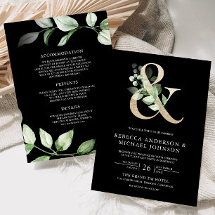 Sage Greenery Gold Ampersand Black Wedding Kaart