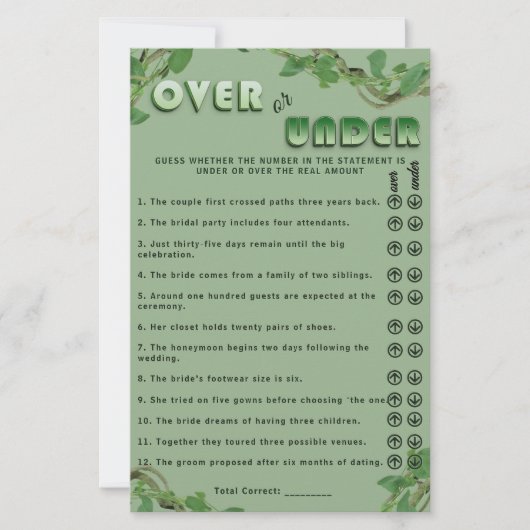 Sage Greenery Over or Under Bridal Shower Fun Game (Voorkant)
