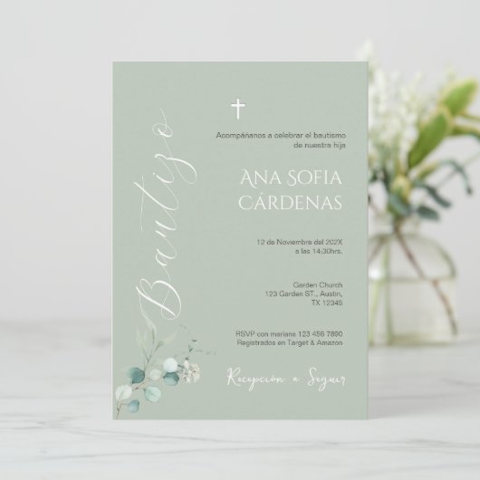 Sage Greenery Spanish Baptism Girl invitation (Debout devant)