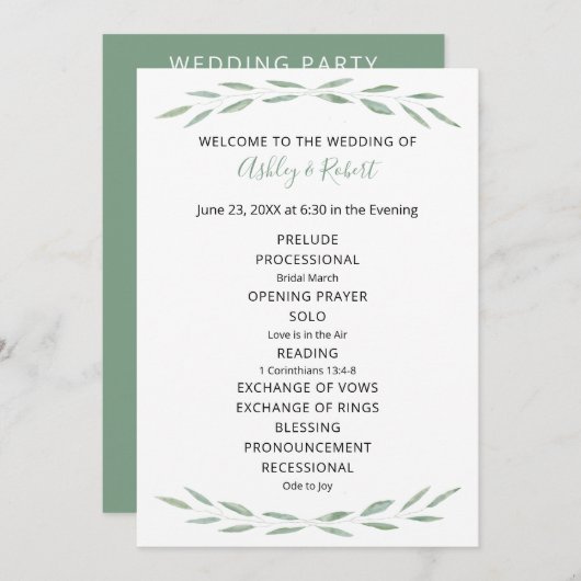Sage Greenery Wedding Programme, Programme Botaniq (Devant / Derrière)