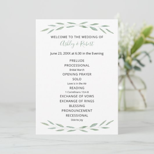 Sage Greenery Wedding Programme, Programme Botaniq (Debout devant)