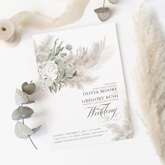 Sage Greenery White Flowers Pampas Grass Wedding Kaart