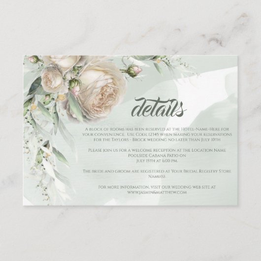 Sage Greenery White Rose Wedding Informatiekaartje (Voorkant)