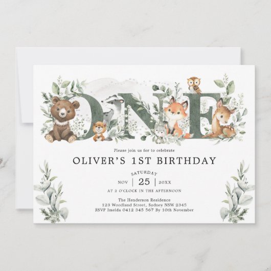 Sage Greenery Woodland Animals 1e eerste verjaarda Kaart (Voorkant)