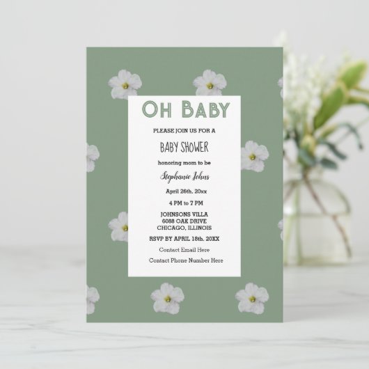 Sage Groen Baby shower QR Code Bloemenbloei Schatt Kaart (Staand voorkant)