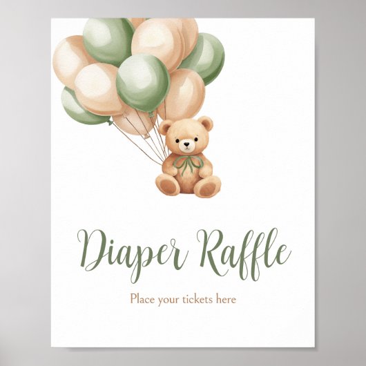 Sage Groen Beer Balloon Baby shower Luier Raffle Poster (Voorkant)