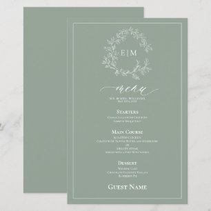 Sage Groen Blad Crest Monogram Gast Bruiloft Menu