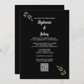 Sage Groen Blad Zwart Wit Script QR Code Bruiloft Kaart (Voorkant / Achterkant)
