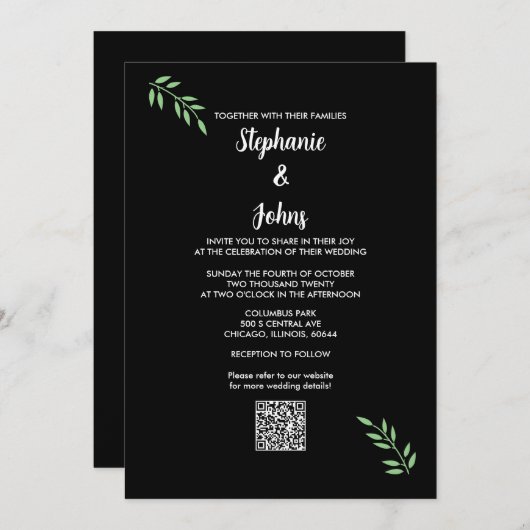 Sage Groen Blad Zwart Wit Script QR Code Bruiloft Kaart (Voorkant / Achterkant)