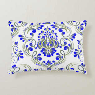 Sage Groen Blauw Damask Bloempatroon Elegant Accent Kussen