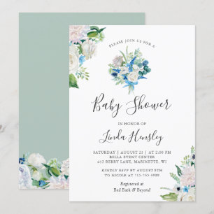 Sage Groen Blauw Wit Bloemboeket Baby shower Kaart