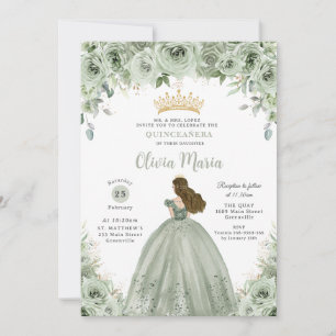 Sage Groen Bloemen Brunette Prinses Quinceañera Kaart